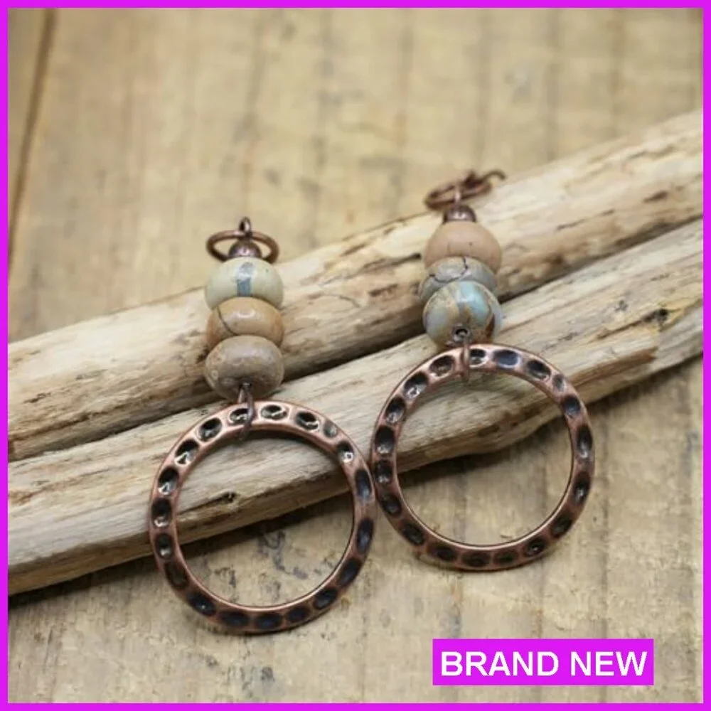 Boho Hammered Copper Drop Earrings with Gemstone Beads Handmade Jewelry